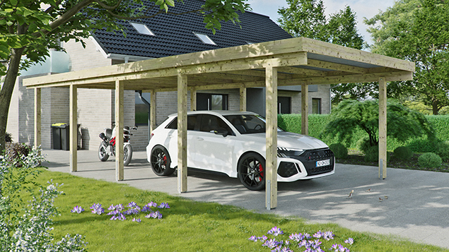 Flachdachcarport 410 x 900 cm in Kiefer