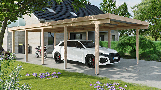 Flachdachcarport 410 x 900 cm in Lärche