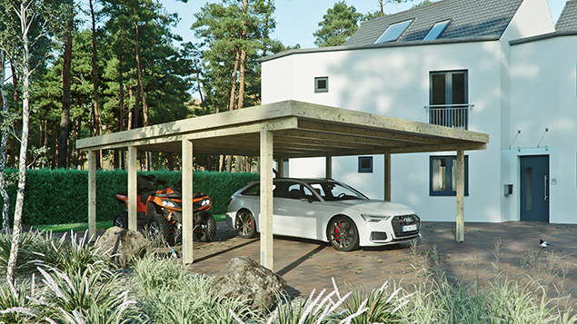 Flachdachcarport 610 x 700 cm in Kiefer